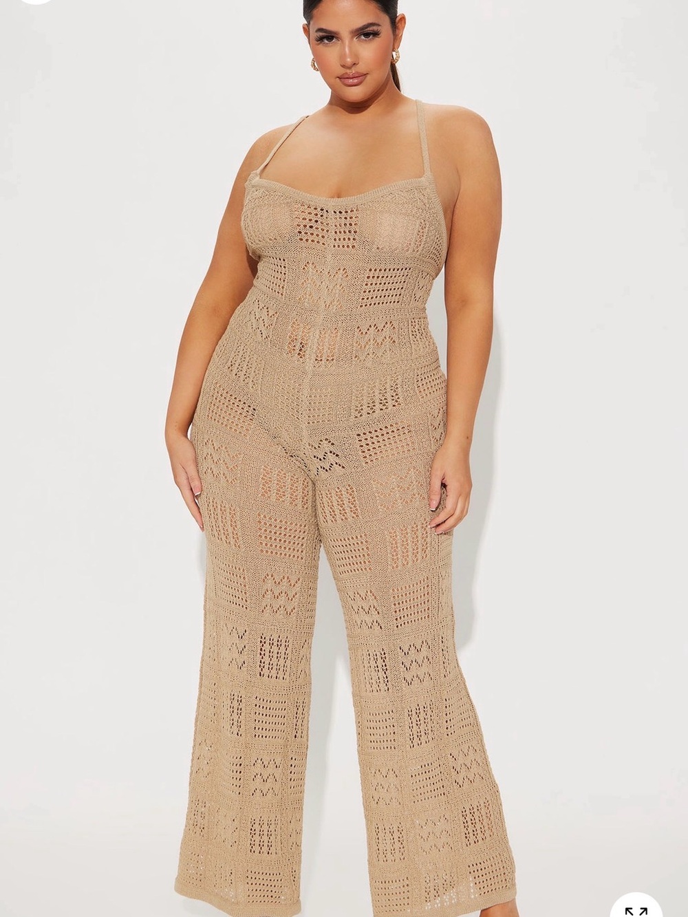 Fashion Nova Beige Crochet Knit Spaghetti-Strap Jumpsuit - Picture 2 of 7